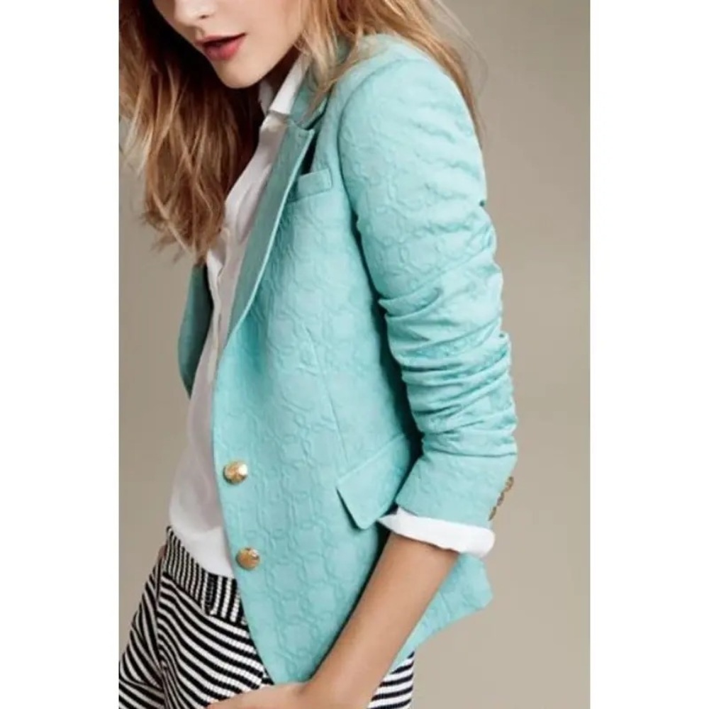 Banana Republic Tiffany Mint Blue Textured Blazer gold military preppy buttons - Picture 13 of 13